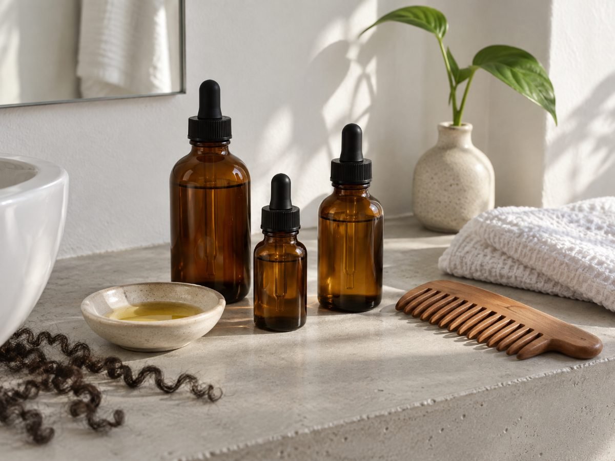 Three plain amber dropper bottles, a dish of oil and a wide-tooth comb on a concrete bathroom shelf.