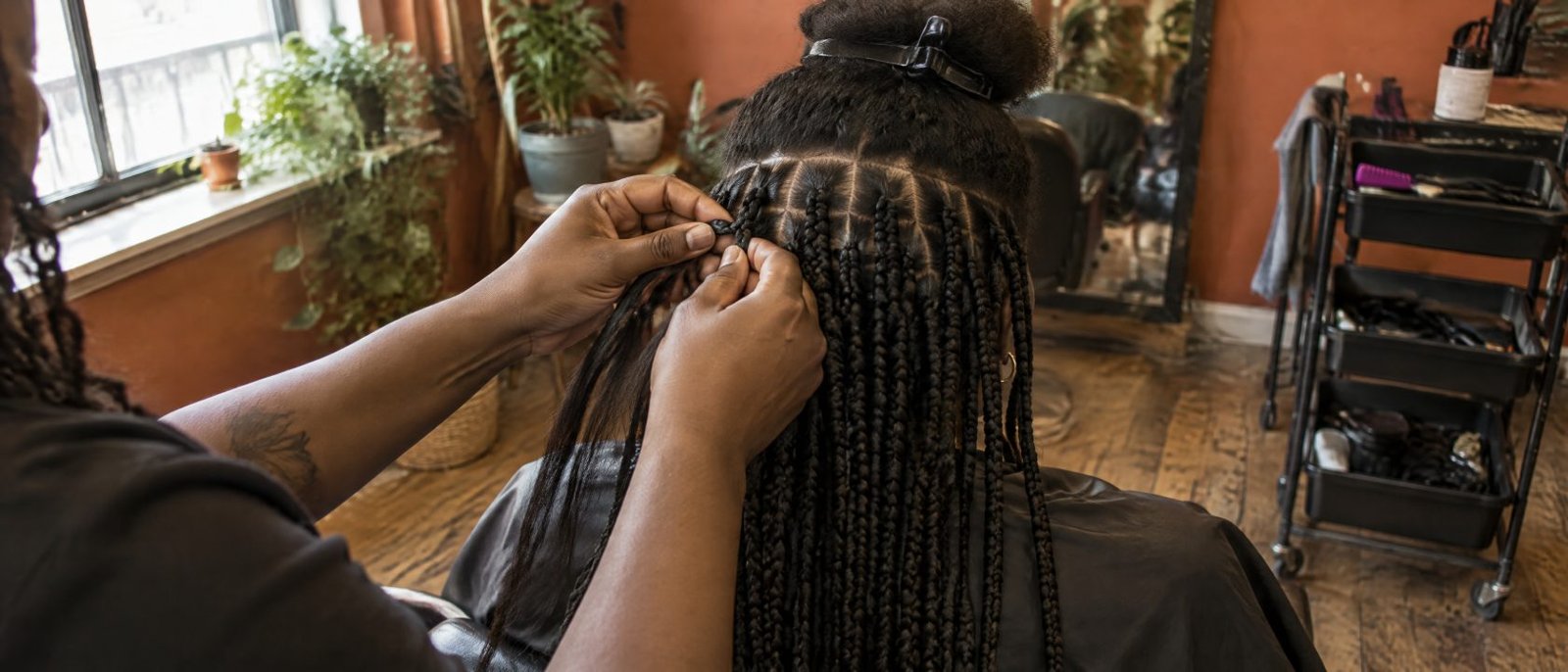 A braider's hands finishing a row of knotless braids close to a client's scalp in a daylit salon chair.