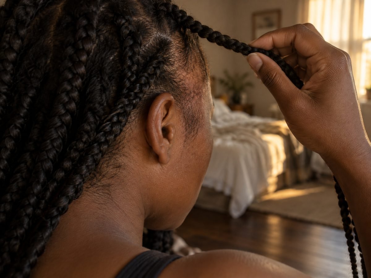 A woman lifts a braid away from her hairline, where the baby hairs at the temple are visibly sparse.