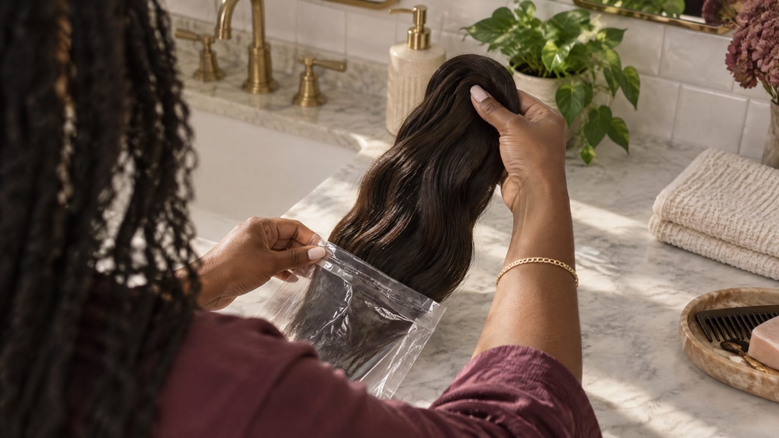 A woman lifts a length of dark wavy hair extension out of a plain unmarked sleeve on a bathroom vanity in morning light.