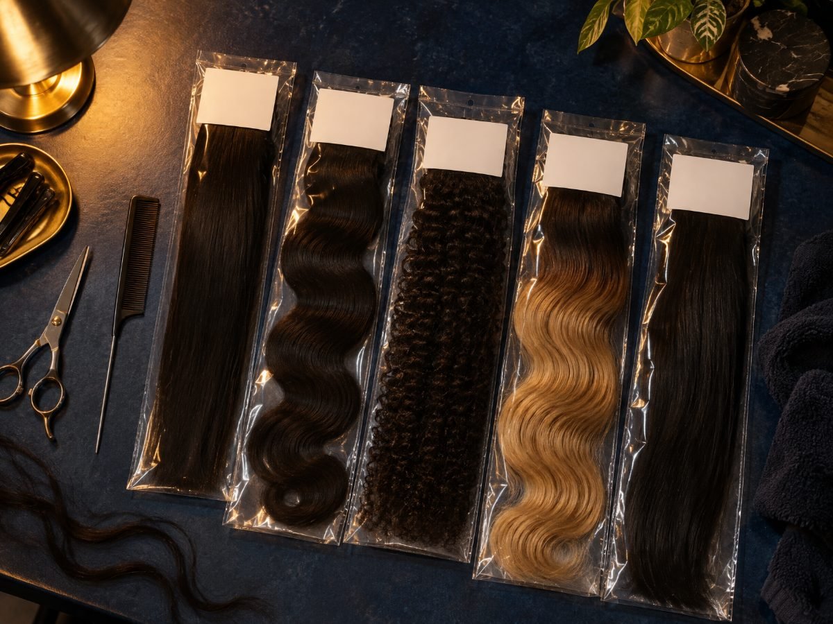 Five packs of hair extensions laid in a row on a dark counter, every label panel blank.