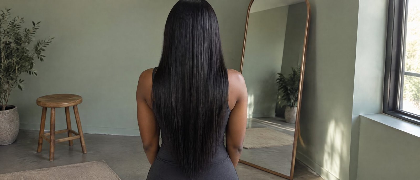 The back of a woman standing at a full-length mirror, straight extensions falling past her shoulder blades toward her waist.
